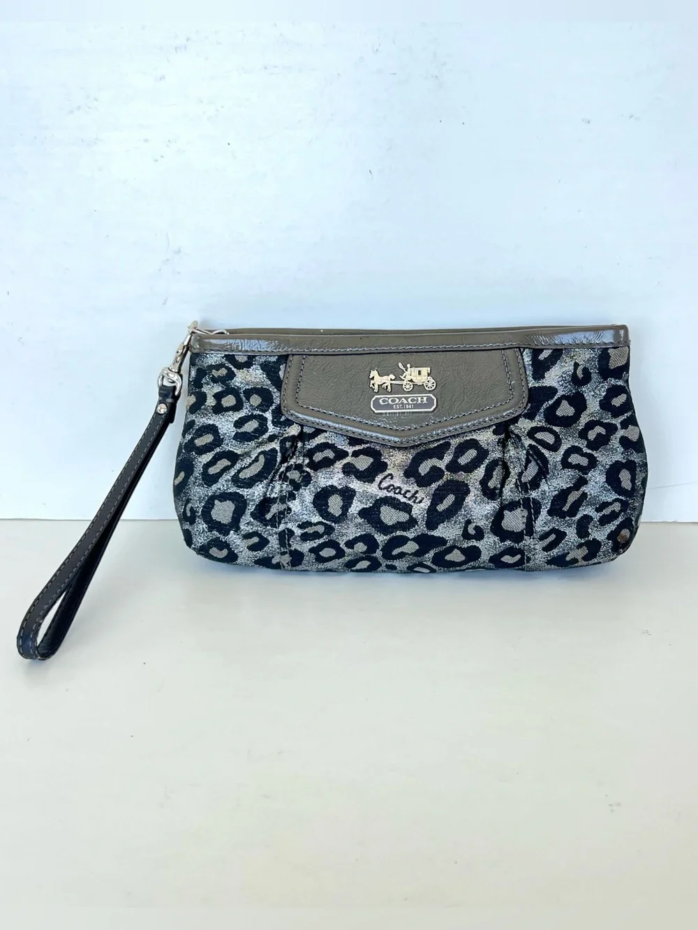 COACH Taupe Patent Leather Black Silver Leopard Print Zipper Clutch Wristlet